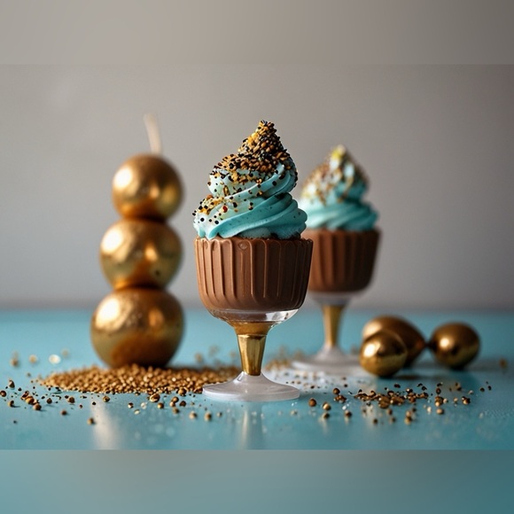 HANDCRAFTED digital print Blue and Gold Decorative Cupcake Candle. Art print NWT - Picture 1 of 9
